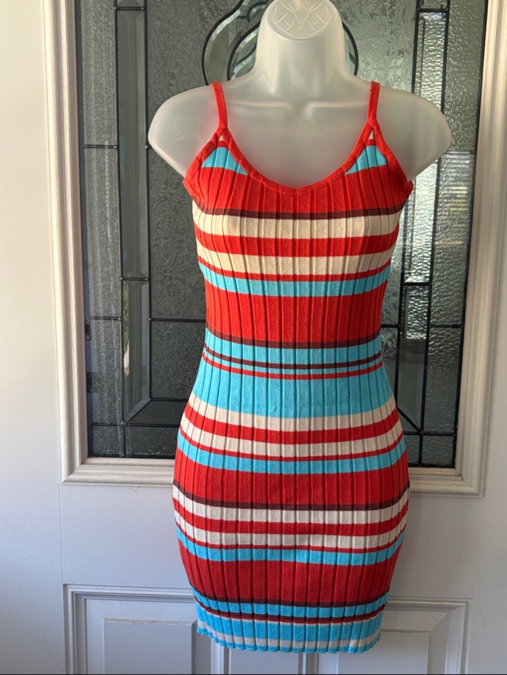 Vintage Striped Ribbed Knit Red & Turquoise Bodycon Dress